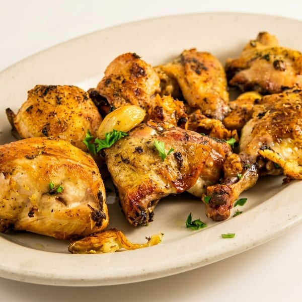 Platter of golden-brown roasted chicken pieces with garlic cloves and parsley garnish.