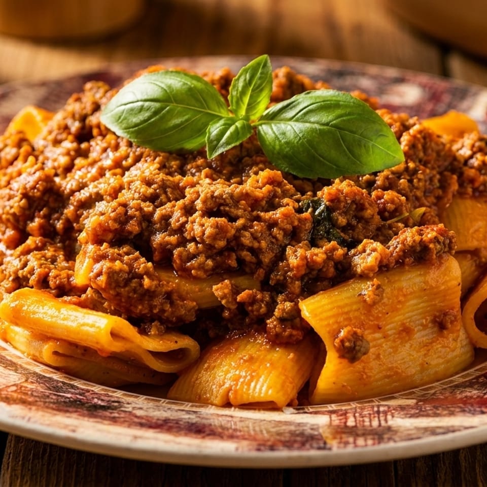 Rigatoni pasta with rich bolognese sauce and fresh basil on a patterned plate.