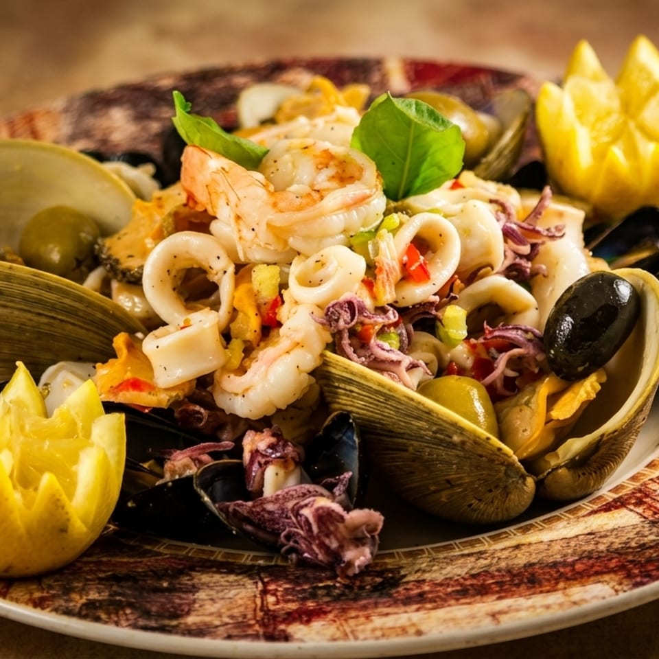 Seafood salad with shrimp, calamari, mussels, clams, olives, and lemon wedges on a decorative plate.