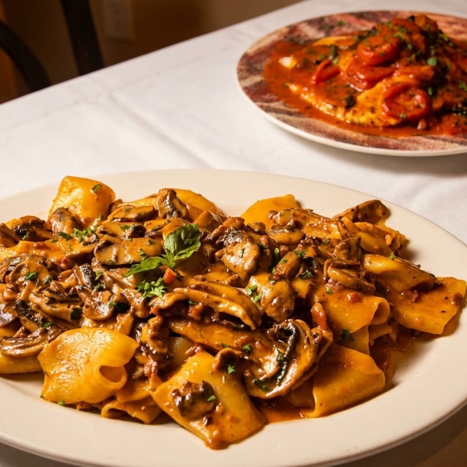 Two plates of pasta on a white tablecloth, one with mushrooms, the other with red sauce.