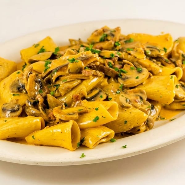 Rigatoni pasta with creamy mushroom sauce and fresh parsley on a white oval plate.