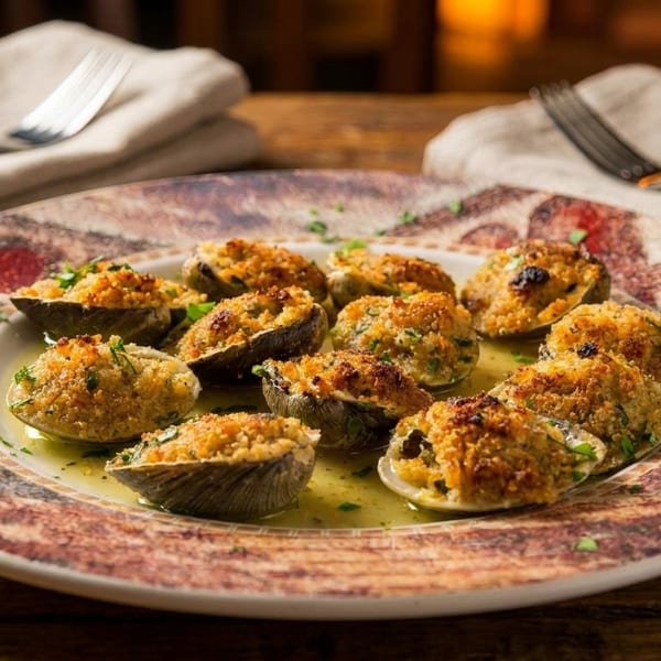 Baked clams with breadcrumbs and herbs in a white wine sauce on a decorative plate.